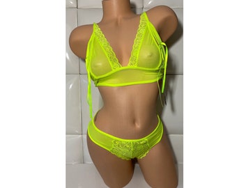 NEON YELLOW Lace LINGERIE  Bra + Panties - Sexy Rave Party Go Go Exotic Dancer Style - Mesh Panty + Bralette Set Stripper Clubwear Clubbing