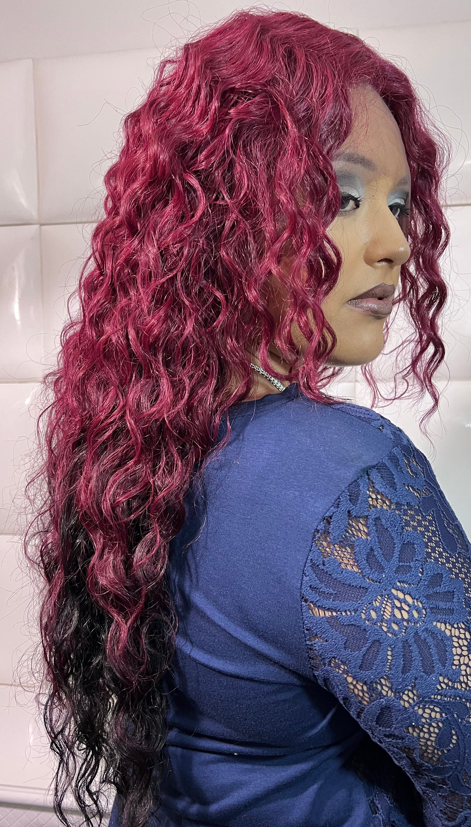 BURGUNDY RED WINE - Swiss Lace Front Wig - Deep Part - Long 