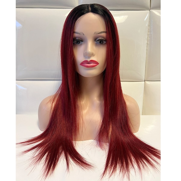 RED BURGUNDY Hair - Dark Roots - Synthetic Lace Part Wig *  Long Straight * Natural Maroon Wine Hairstyle Goth Alternative Pelucas Wigs