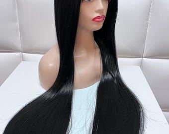 34" JET BLACK Hair Lace Front Wig * Synthetic Fiber Blend * Extra Long Straight * Sleek Natural Wigs