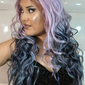 purple and blue hair wig. fairy hair wig. fairy queen hair. halloween hair wig. costume wigs. party wigs. cardi b hair wig. saweetie wig. lavender blue hair. pastel color lace front wig. unicorn lace front wig. rainbow hair wig. watercolor hair wig