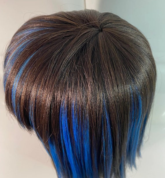 Synthetic Full Cap Wig Brown Hair Blue Highlights Short - Etsy Synthetic Full Cap Wig Brown Hair Blue Highlights Short - Etsy
