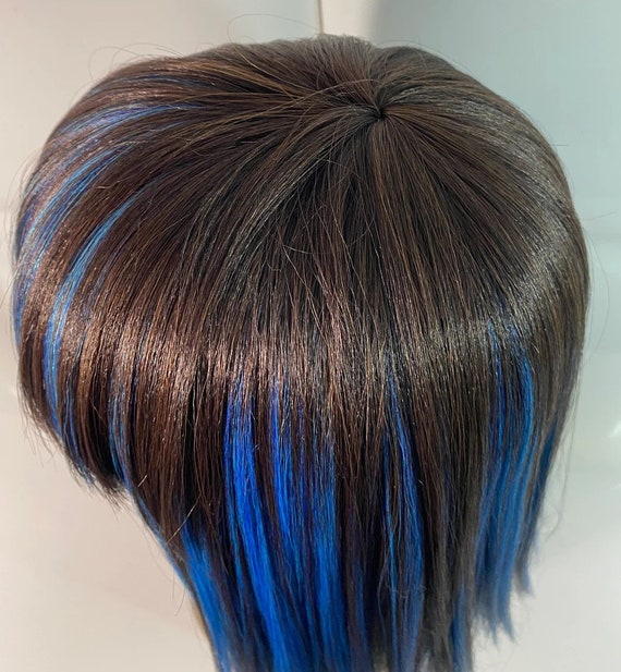 Synthetic Full Cap Wig Brown Hair Blue Highlights Short - Etsy