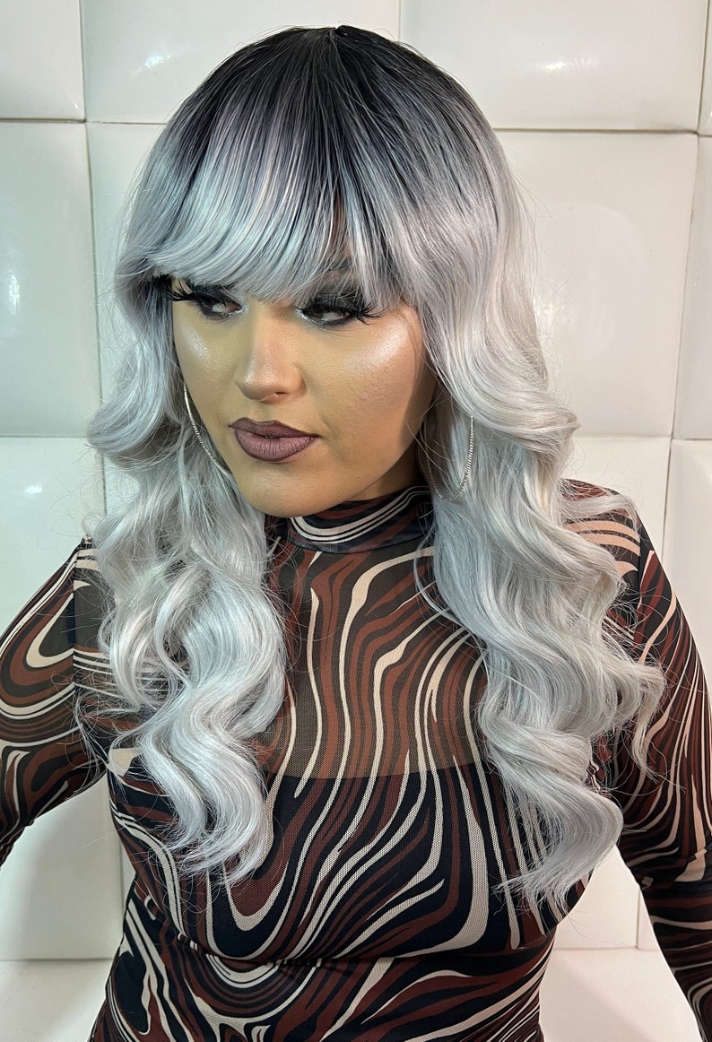 PLATINUM SILVER ASH Full Wig Bangs Light Grey Hair Long & Etsy