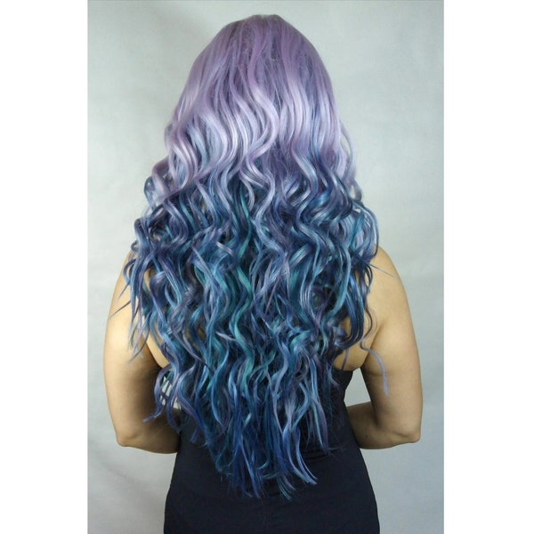 Synthetic Lace Front Wig * Purple Lilac Lavender Teal Blue Long Curly Wavy * Mermaid Beach Wave * Baby Hair * 2TONE * Pastel Ombre * Peluca