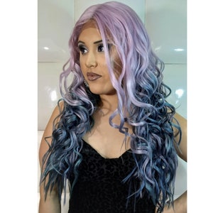 Synthetic Lace Front Wig Lavender pastel purple lilac / Teal Blue Long Curly Style Wavy Mermaid Beach Look Natural Baby Hair Goth image 1