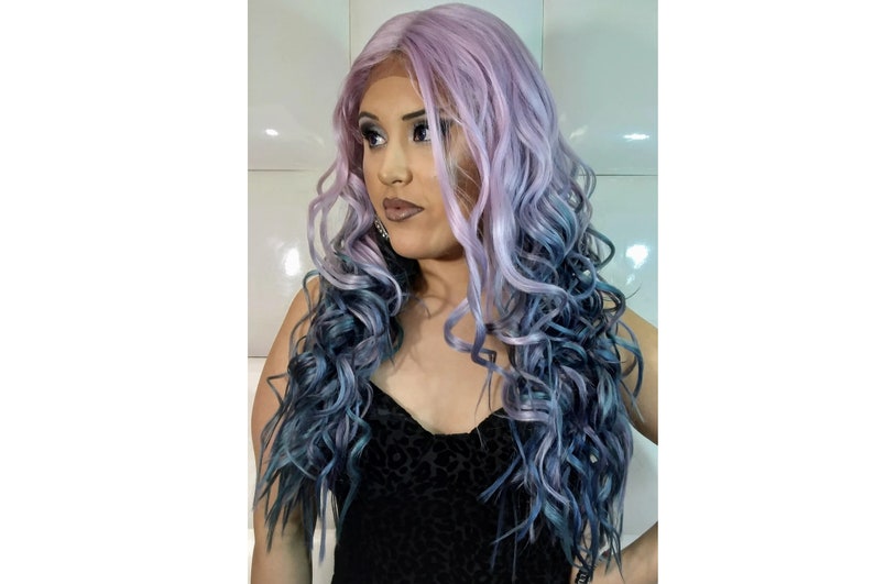 Synthetic Lace Front Wig Lavender pastel purple lilac / Teal Blue Long Curly Style Wavy Mermaid Beach Look Natural Baby Hair Goth image 1