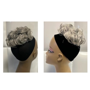 SILVER GREY Human Hair Blend SCRUNCHIE * Short Wavy Curls * Natural Yaki Mature Gray Hair Piece * Curled Hairstyle - Easy to wear hairpiece