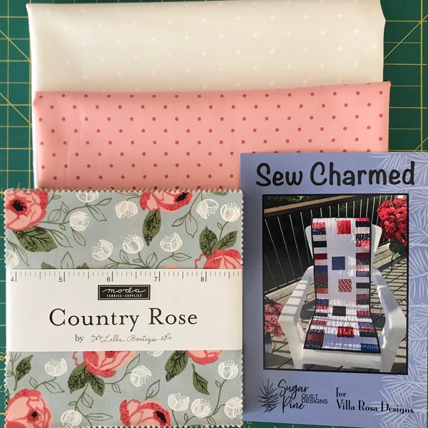 Country Rose Table Runner Quilt Top Kit by Lella Boutique- 19” x 48 - Sew Charmed Pattern by Villa Rose Designs