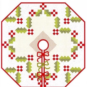 May include: A Christmas-themed fabric pattern for a tree skirt. The design features a red and green color scheme with holly berry and tree motifs. The text "Holly Tree Skirt" is at the top. The bottom text reads "Simple Piecing & Many Tips Included" and "Fig Tree & Co."