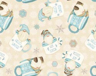 4 YDS-  I Love Sn’ Gnomies Hot Cocoa Cup Cream Gnomes Flannel F9640-44 by Shelly Comiskey for Henry Glass Fabrics