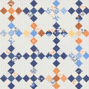 May include: A detailed close-up of a quilt pattern featuring a repeating geometric design. The pattern is composed of dark blue, orange, and light blue diamond shapes, interspersed with floral prints, set against a dotted white background.