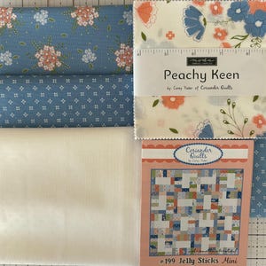 May include: A collection of fabric pieces and a pattern book. The fabrics include floral and geometric patterns in shades of blue, peach, and white. The pattern book is titled "#199 Jelly Sticks Mini" and features a quilt design.