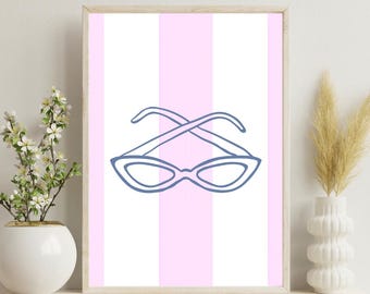 Coastal Retro Blue Sunglasses Pink Stripe Wall Art (Digital Download)