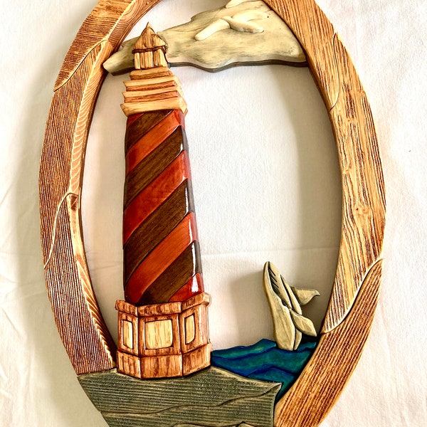 Lighthouse, Intarsia woodworking,