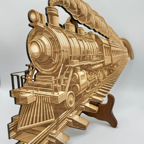 Illusion de train 3D | Locomotive | Conception de gravure laser | Forgelumineuse | Fichier de gravure laser | Fichier numérique | illusion 3D | PNG pour la gravure