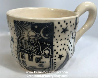 Ceramic Mug, Fortune Teller Mug, Psychic, Coffee Mug, Pottery Mug, Tarot Card Reading, Moon and Stars, Unique Mug, Eight Ounce Mug