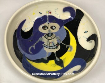 Ceramic Bowl, Martian Robot Bowl, Robot Art, UFO Decor, Bowls, Hand Painted Pottery, Moon Decor, Sci-Fi Art, Gift for Sci-Fi Lover