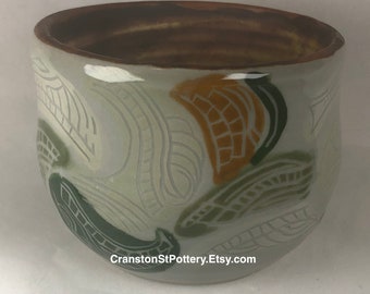 Porcelain Cup, Mid-Century Leaf Design, Tea Cup, Carved Cup, Sgraffito, Green Leaves, Abstract Shapes, Hand Painted Mug, Yunomi Style, Small