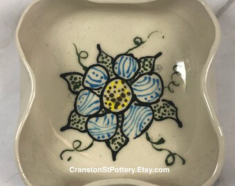 Ceramic Bowl, Blue Flower Bowl, Mother's Day Gift, Hand Painted Bowl, Square Bowl, Catch All, Snack Bowl, 70's Decor, Small Serving Bowl