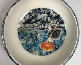 Ceramic Bowl, Pin Up Girl Abducted By UFO, Mother's Day Gift, Gift for Pin Up Girl Admirer, Gift for Donut Lover, Decorative Collage Bowl