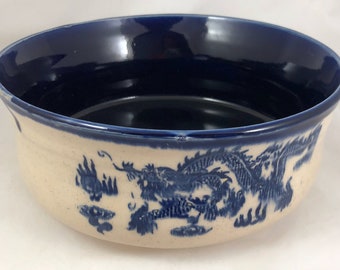 Ceramic Bowl, Cobalt Blue Dragon Design, Year of the Dragon Gift, Serving Bowl, Asian Influence, Stoneware Bowl, Large Serving Bowl, Pottery