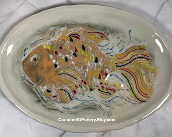 Serving Platter, Oval Fish Platter, Mother's Day Gift, Ceramic Fish Dish, Serving Tray, Gift for Fish Lover, Fish Art, Fantail Goldfish