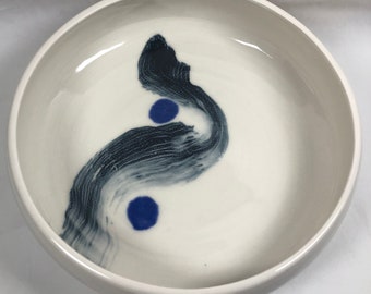 Ceramic Bowl, White Bowl, Minimalist Pottery, Mid-Century Inspired, Gift for White Pottery Lover, Hand Painted Blue and White Bowl, Blue Dot
