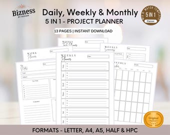 Project Monthly Printable Planner, Productivity Planner, Daily Planner, Weekly Planner, Monthly Planner, A4/A5/Letter/Half/HPC Size