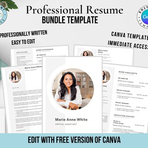 May include: A professional resume template bundle for Canva. The template features a modern design with a gray and white color scheme. The template includes a cover letter, resume, and work highlights sections. The template is easy to edit and can be used to create a professional resume in minutes.
