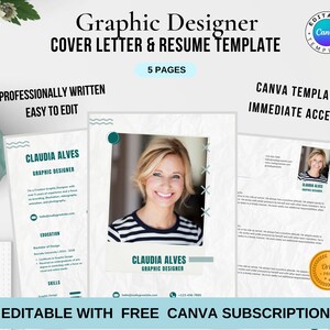 Graphic Designer Resume Template, Canva Resume, Professional Resume Template, Modern CV Template,  5 pg Resume  with Cover Letter