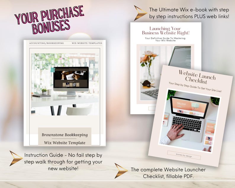 May include: A digital marketing package for businesses using Wix. The package includes a website template, an e-book, and a checklist. The e-book is titled "Launching Your Business Website Right!" and the checklist is titled "Website Launch Checklist".