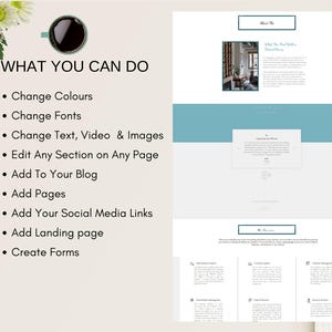 May include: A website design template with a list of features, including the ability to change colors, fonts, text, video, and images. The template also allows users to edit any section on any page, add to their blog, add pages, add social media links, add a landing page, and create forms.