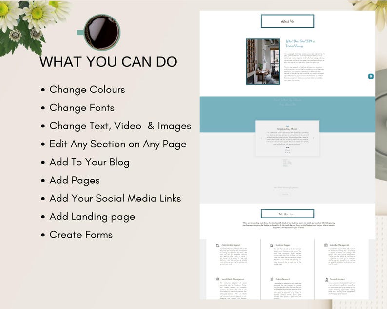 May include: A website design template with a list of features, including the ability to change colors, fonts, text, video, and images. The template also allows users to edit any section on any page, add to their blog, add pages, add social media links, add a landing page, and create forms.