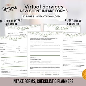 May include: A set of printable client intake forms for virtual services. The forms are designed with a floral theme and include a checklist, full client intake questions, and a client intake form. The text on the forms reads "Virtual Services", "New Client Intake Forms", "13 Pages | Instant Download", "Full Client Intake Questions", "Client Intake Checklist", "Client Intake Form", and "Intake Forms, Checklist & Planners".