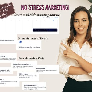 May include: A woman smiles and points to a screen showing a website with the text "NO STRESS MARKETING!" and a list of marketing tools and services, including email marketing, social media ads, video maker, and logo branding.