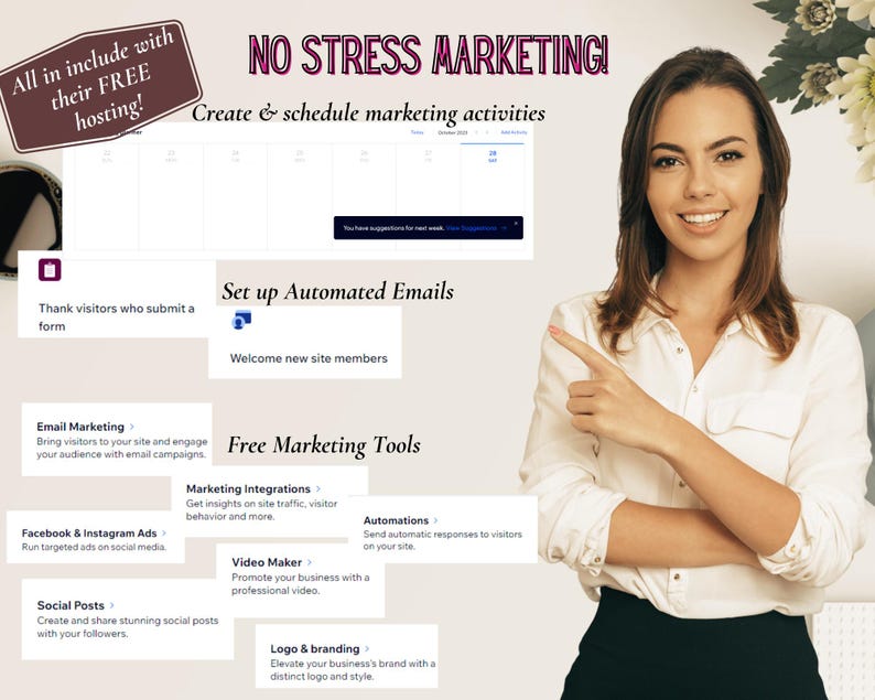 May include: A woman smiles and points to a screen showing a website with the text "NO STRESS MARKETING!" and a list of marketing tools and services, including email marketing, social media ads, video maker, and logo branding.