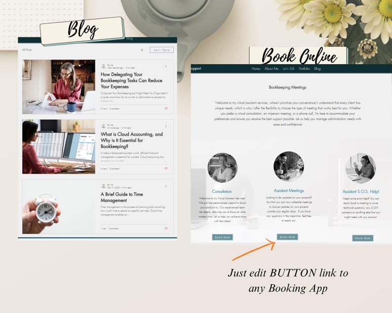 May include: A website screenshot showing a blog with articles about bookkeeping and a section for booking online meetings. The website has a light gray background with black text and images. The blog posts include titles like "How Delegating Your Bookkeeping Tasks Can Reduce Your Expenses" and "What is Cloud Accounting, and Why is It Essential for Bookkeeping?" The booking section has three buttons: "Consultation", "Assistant Meeting", and "Assistant S.O.S. Help!" The text below the buttons says "Just edit BUTTON link to any Booking App".