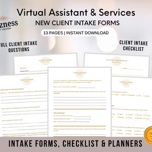 Può includere: Un set di moduli stampabili per l'assunzione di nuovi clienti. I moduli includono una checklist di assunzione dei clienti, un pianificatore di ricerca sui clienti e domande complete di assunzione dei clienti. I moduli sono progettati per assistenti virtuali e servizi. Il testo "Bizness by Design" si trova nell'angolo in alto a sinistra dell'immagine.