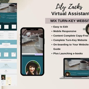 May include: A mockup of a website for a virtual assistant named Lily Zacks. The website is designed to be mobile responsive and includes a guide for launching e-books. The website is built on Wix and includes a complete turn-key website.