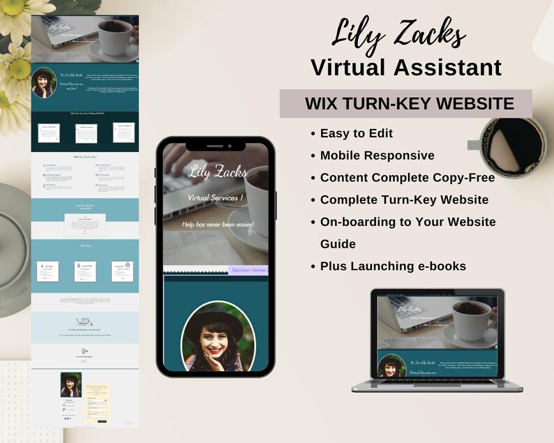 May include: A mockup of a website for a virtual assistant named Lily Zacks. The website is designed to be mobile responsive and includes a guide for launching e-books. The website is built on Wix and includes a complete turn-key website.