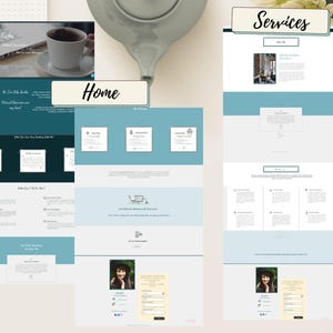 May include: A website homepage with a blue and white color scheme. The website features a photo of a woman, a text box with the words "Hi, I'm Lily Zander", and a section titled "Home".