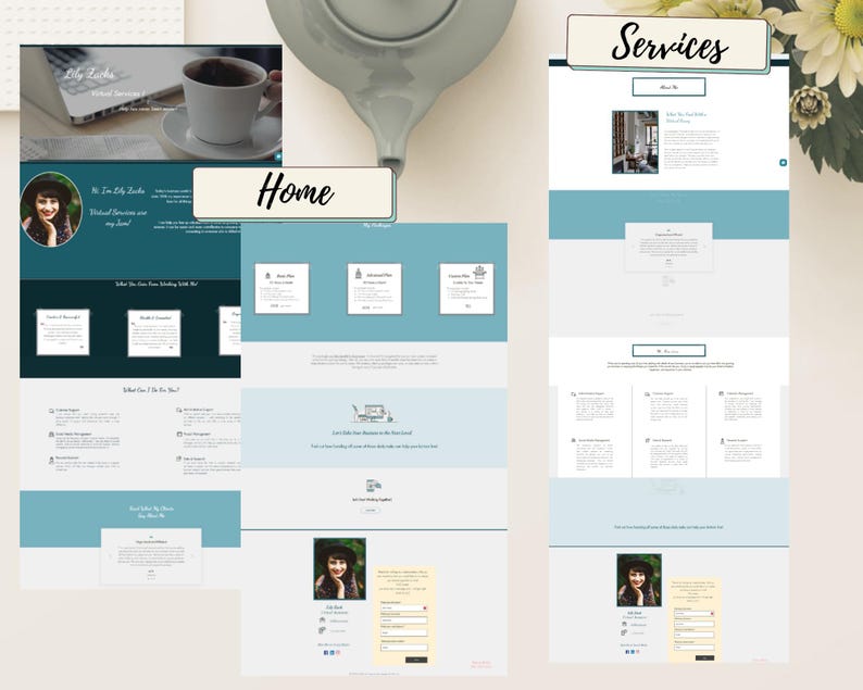 May include: A website homepage with a blue and white color scheme. The website features a photo of a woman, a text box with the words "Hi, I'm Lily Zander", and a section titled "Home".