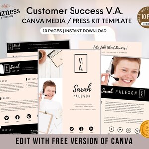 May include: A Canva media kit template for a virtual assistant business. The template features a pink and black color scheme with a photo of a woman wearing a headset. The text "Customer Success V.A." is displayed in a large font at the top of the page. The text "Let's Talk About Services!" is displayed in a smaller font below the photo. The text "Sarah Paleson" is displayed in a large font below the photo. The text "Virtual Management / Customer Specialist" is displayed in a smaller font below the photo. The text "www.reallygreatva.com" is displayed in a smaller font below the photo.