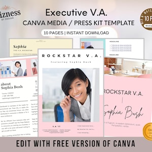 May include: A pink and white Canva media kit template for a virtual assistant named Sophia Bush. The template features a photo of Sophia Bush and the text "Rockstar V.A. Featuring Sophia Bush".