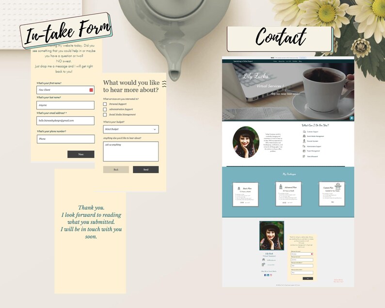 May include: A website screenshot showing a contact form with a light blue background and a white text box. The text in the box reads "What would you like to hear more about?" with a list of options below. The website also includes a contact section with a photo of a woman and a list of services offered.