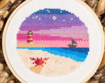 Sunset Crab Lighthouse Beach Scene Cross Stitch Pattern PDF