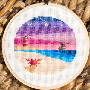 Sunset Crab Lighthouse Beach Scene Cross Stitch Pattern PDF