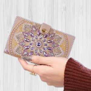 Portafoglio da donna in pelle rosa Porta biglietti da visita da donna Porta carte in pelle Portafoglio Boho da donna