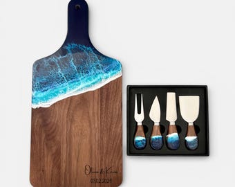 Resin Cutting Board, Black Walnut Personalized Ocean Charcuterie Board, Custom Serving Board with Handle, 5th Anniversary Gift for Couples